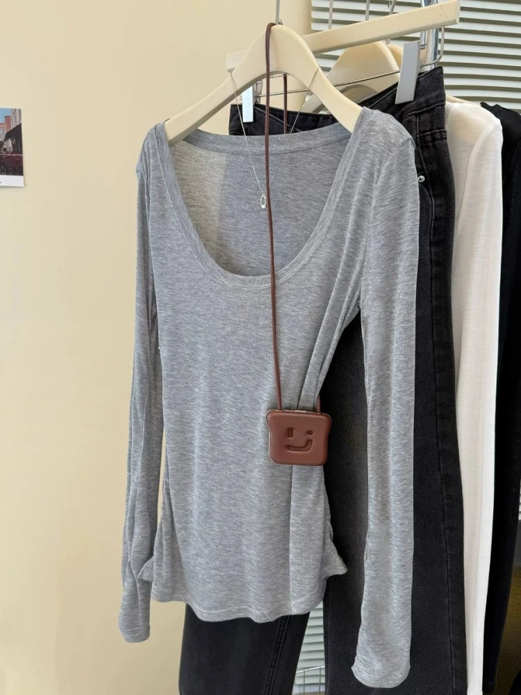 Fall 2026 Grey U-Neck Long Sleeve T-Shirt Thin Semi-Transparent Outerwear Korean Style Breathable Moisture Wicking Ladies Top