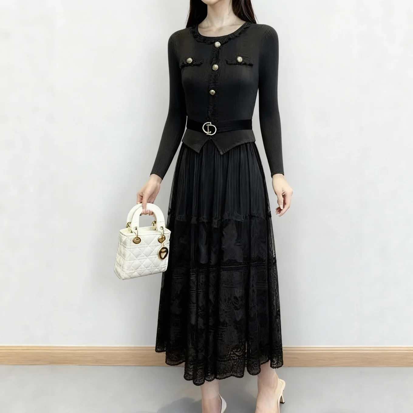 

Плиссированное платье Miyake, новинка весны 2023, высококачественная модная плиссированная юбка для похудения знаменитостей с кружевными краями, женская одежда