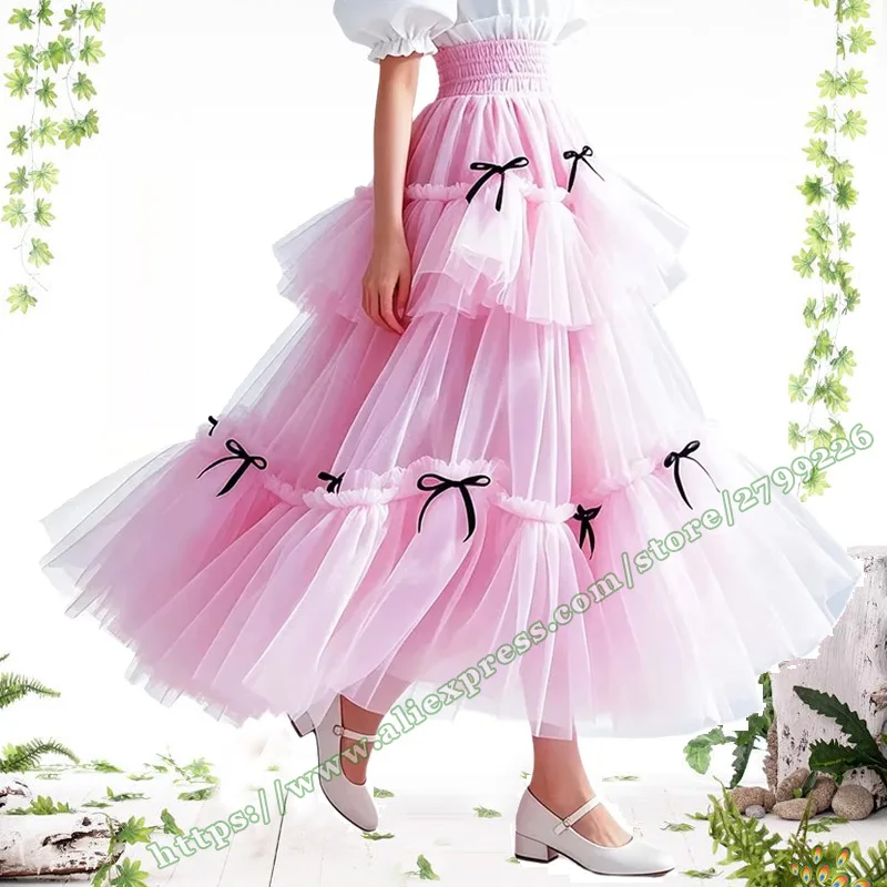 2026 Plus Size Stage Performance party Pleated Big hem long skirt  Wedding pink mesh cake bow fluffy half skirt fairy skirt