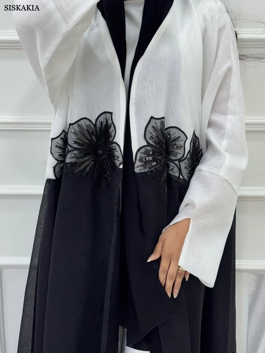 Siskakia Mode Dubai Applikationen Strickjacke Muslimische Frau Pailletten Patchwork Offene Abaya