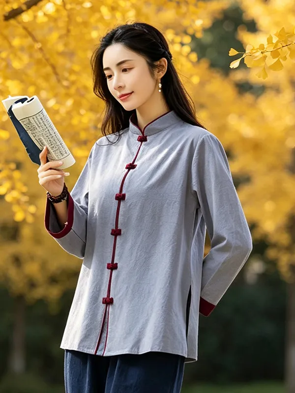 2026 Autumn Retro Chinese Shirt Large Size Women's Loose Morning Exercise Tai Chi Clothing Cotton and Linen Zen Clothing Top