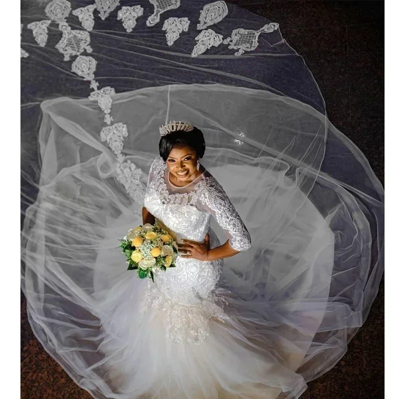 Customized Stylish White Mermaid Wedding Bridal Dresses O Neck Half Sleeve Beading Lace Appliques Custom Made Wedding Gowns