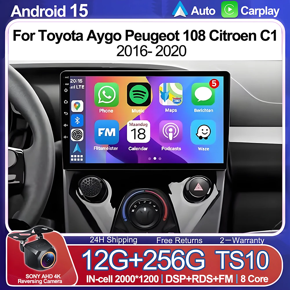 Android 15 For Toyota Aygo Peugeot 108 Citroen C1 2016- 2020 Touch Screen Car Radio Navigation 4G WIFI NO 2Din DVD Multimedia
