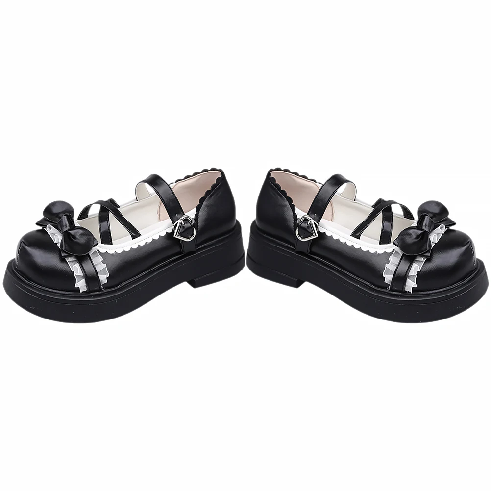 

Lolita Shoes Black Round Toe Pumps Size 37 Women Girls Japanese Heels PU Material Comfort Bow Vintage Flat Shoes
