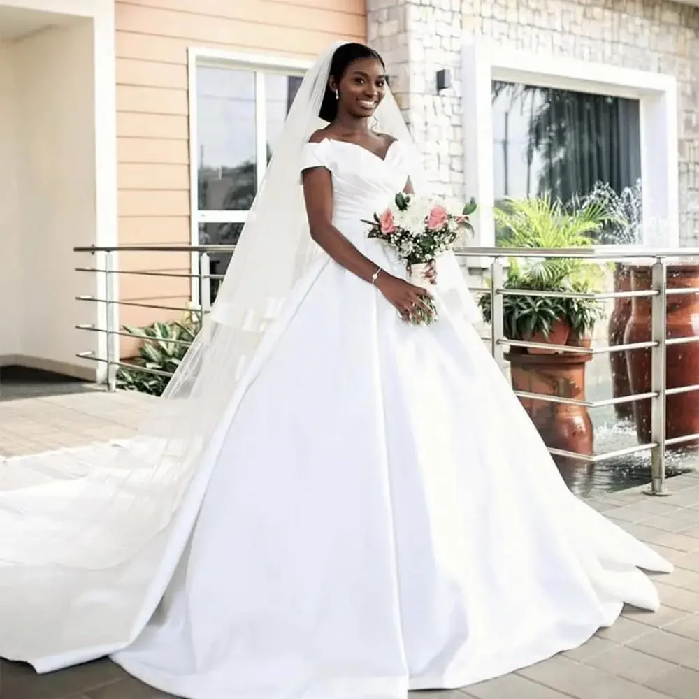 

Customized Africa Satin A-Line Wedding Dresses Off Shoulder Bridal Gowns Arabic Middle East Church Nigerian Court Train Vestido