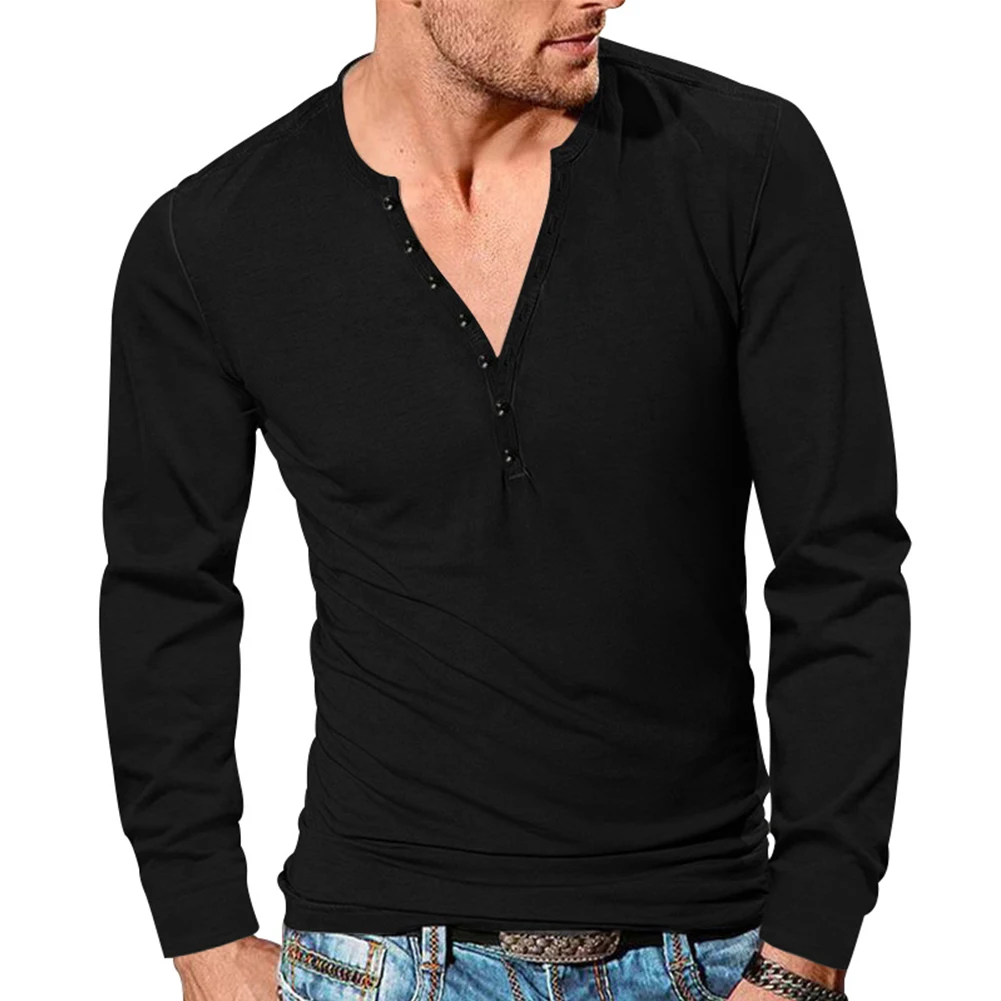 Camisas Henley da moda para homens retrô manga comprida camiseta pulôver top preto/azul claro/branco/marrom/cinza escuro/verde exército