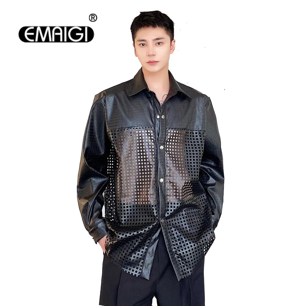 Men Hole Splice Leather Long Sleeve Loose Casual Streetwear Fashion Shirts Male Streetwear Vintage Party Dress Shirts Jackets