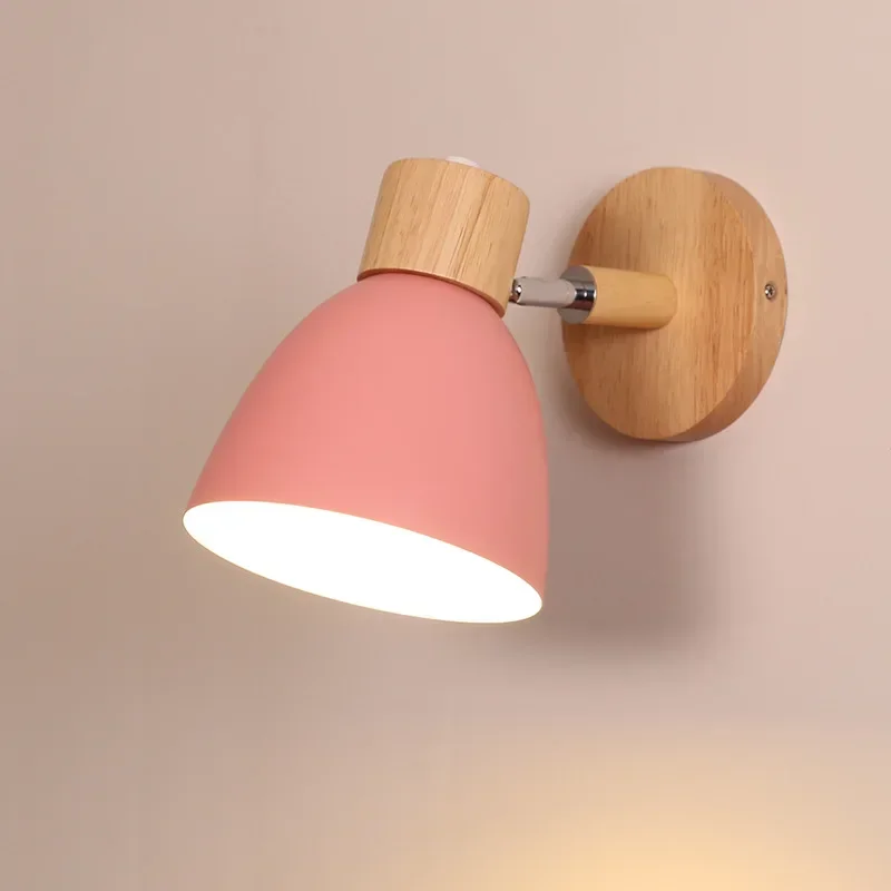 Wooden Nordic Wall Lamp with Switch Modern Wall Sconce for Bedroom Living Room Home Lighting Macaroon 4 Color Steering E27 Head