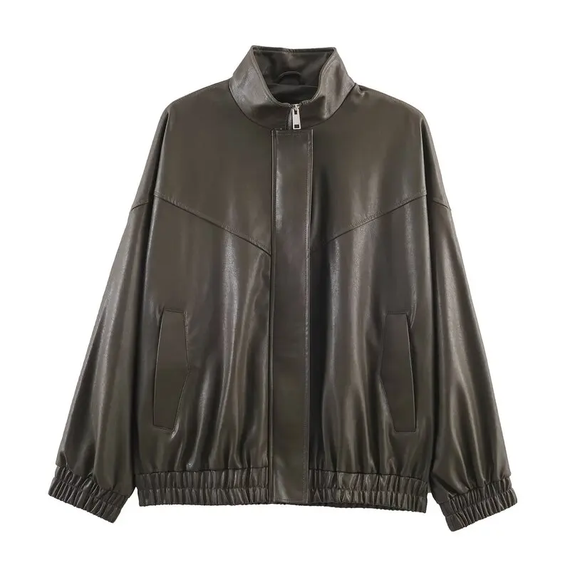 Winter 2025 Women's Long Sve Stand Collar Faux Leather Pilot Jaet Outerwear New Arrival Commute Sle Zipper Closure