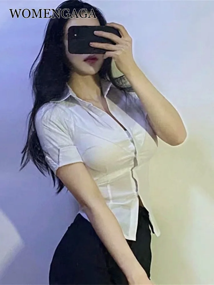 WOMENGAGA Summer Autumn New Mature Sexy Women Short Sleeve Lapel Sexy V Neck Shirt Women\'s Blouse Tops Korean Hot White KV8H