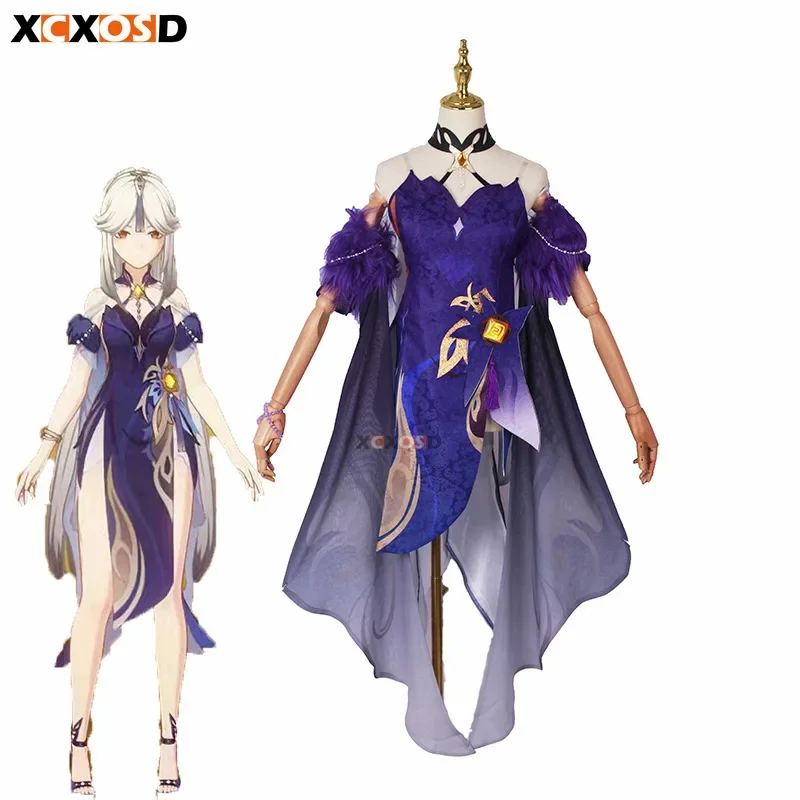 XCXOSD Genshin Impact Ning Guang Cosplay Costume Orchids Evening Gown Game Character Outfit Wig Halloween Party Cos Suit OA2903