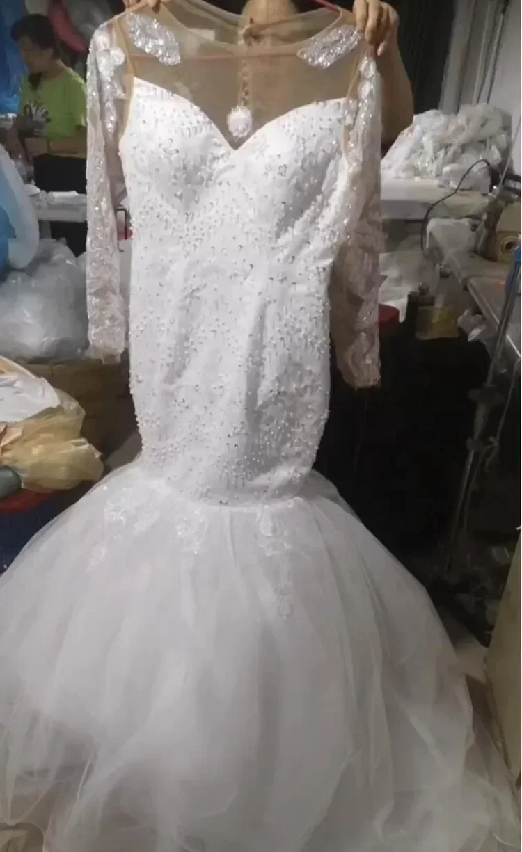 Customized  Shinny Lace Beads Wedding Dress Robe De Mariée Long Sleeves Corset Back Country Style Bridal Gown