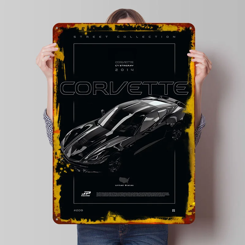 

Постер с изображением спортивного автомобиля Corvette C7 Stingray 2014 года, индивидуальный дизайн, ретро-винтажные металлические таблички для декора игровой комнаты