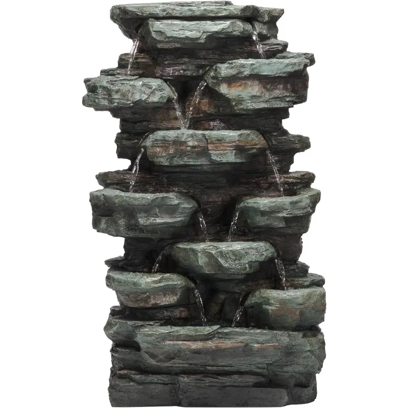 

WIN930 Outdoor Multitiered Cascading Rock Garden Water Floor Fountain with LED Lights, 39" H, Green