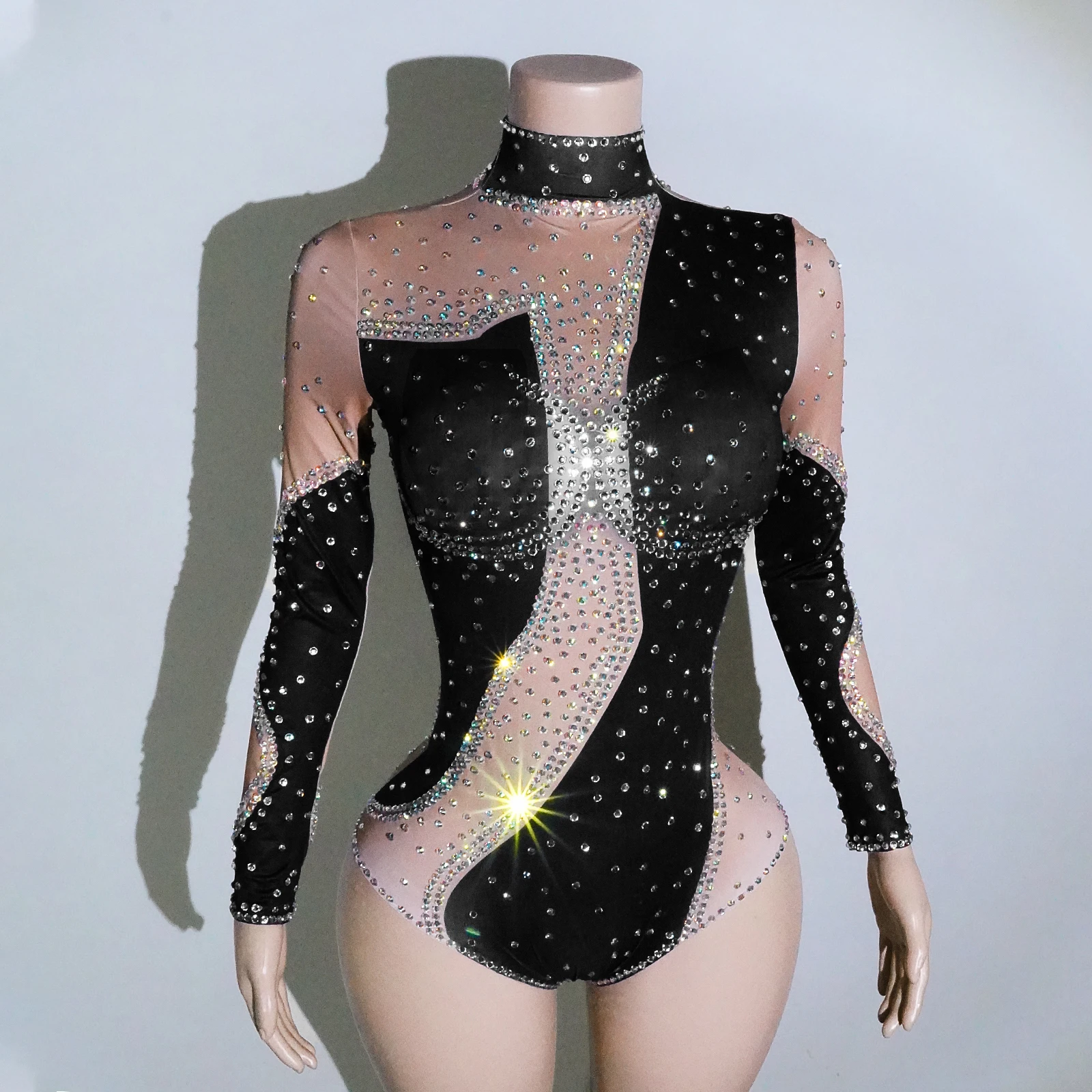 

Sparkling Printed Rhinestone Tight Jumpsuit Longsleeved Singer Party Nightclub Pole Dance Stage Performance Drag Queen Costume