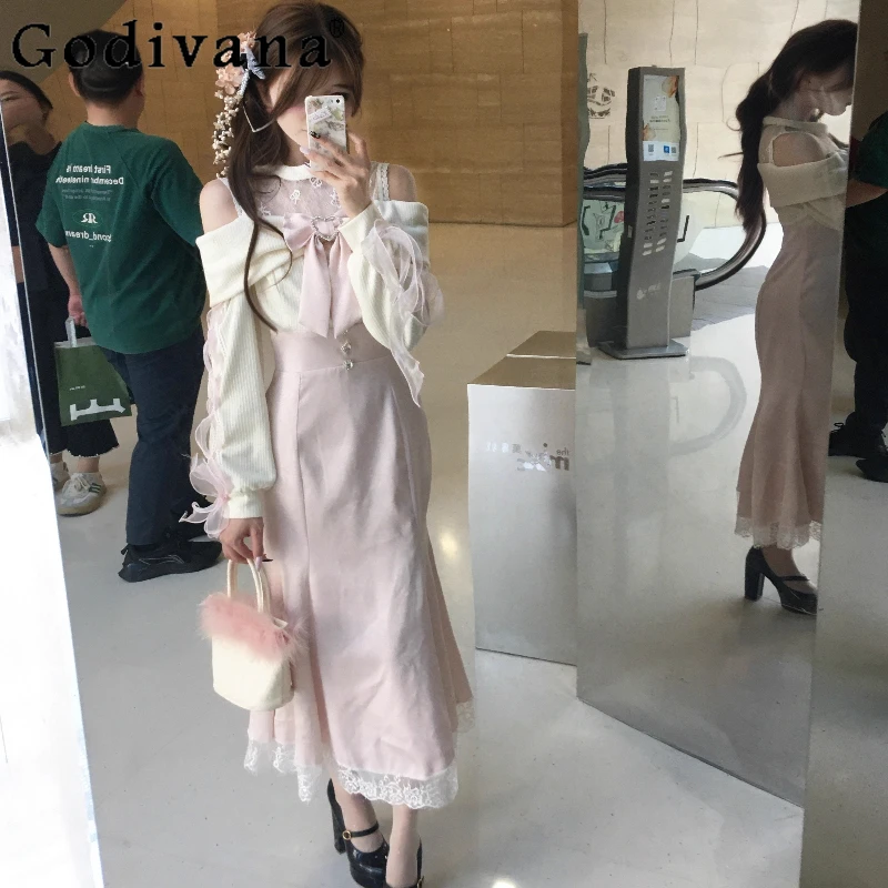 

Spring Japanese Clear Style Gentle Dress Women's Lolita Sweet Cute Princess Party Dress Female Autumn Pink Bow Lace Dress