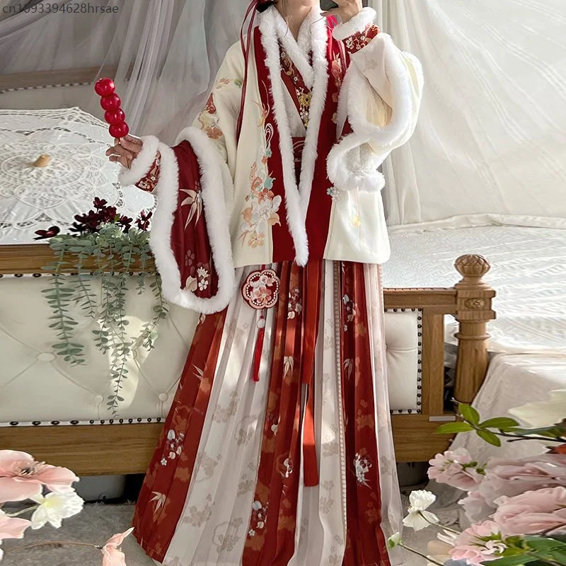 Hanfu المرأة الشتاء السنة الجديدة تحية الملابس أغنية السنة الجديدة الدفء الملابس الدافئة مجموعة الزي الصيني التقليدي