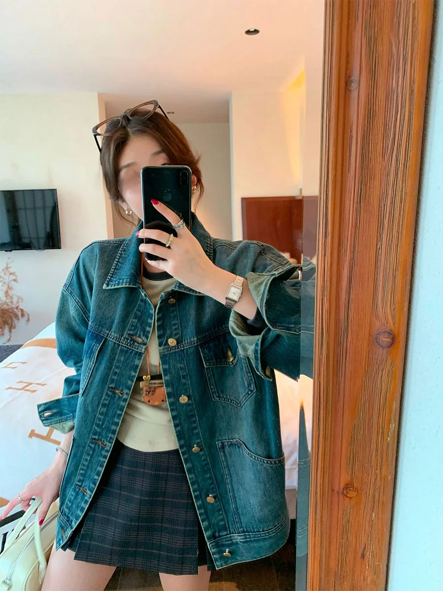 

MUKOK Berlin Gallery Retro American Sle Loose Casual Versatile ort Denim Jaet Spring New Arrival Women's Faion