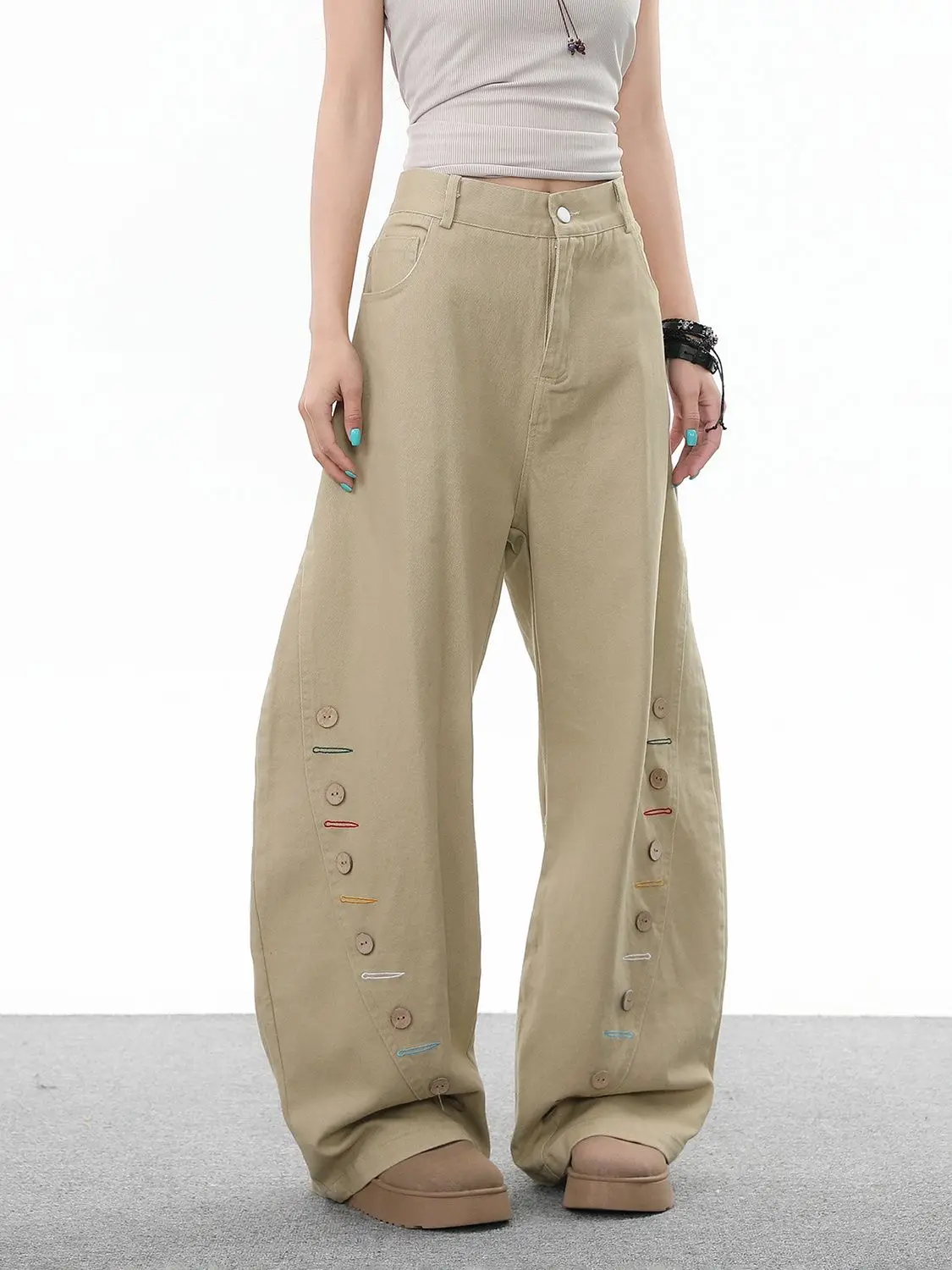 Frauen Khaki Y2k Wash Vintage Button Jeans 2025 Herbst Harajuku Baggy Breite Bein Denim Hosen Ästhetische 2000er Jahre Hosen Kleidung