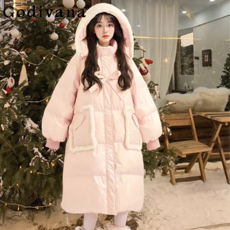 

Women Winter Fashion New Loose Warm Thickened Long Coat Chic Sweet Bow Loose Versatile Korean Pink Hooded Cotton-padded Jacket