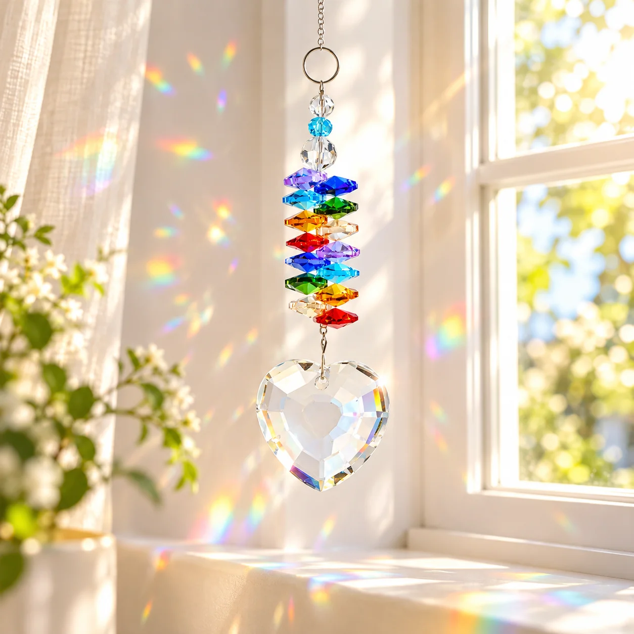 Chakra Rainbow Crystal Suncatcher, Rainbow Light Prism Hanging Ornament, Heart Teardrop Pendant for Window Home Spiritual Decor