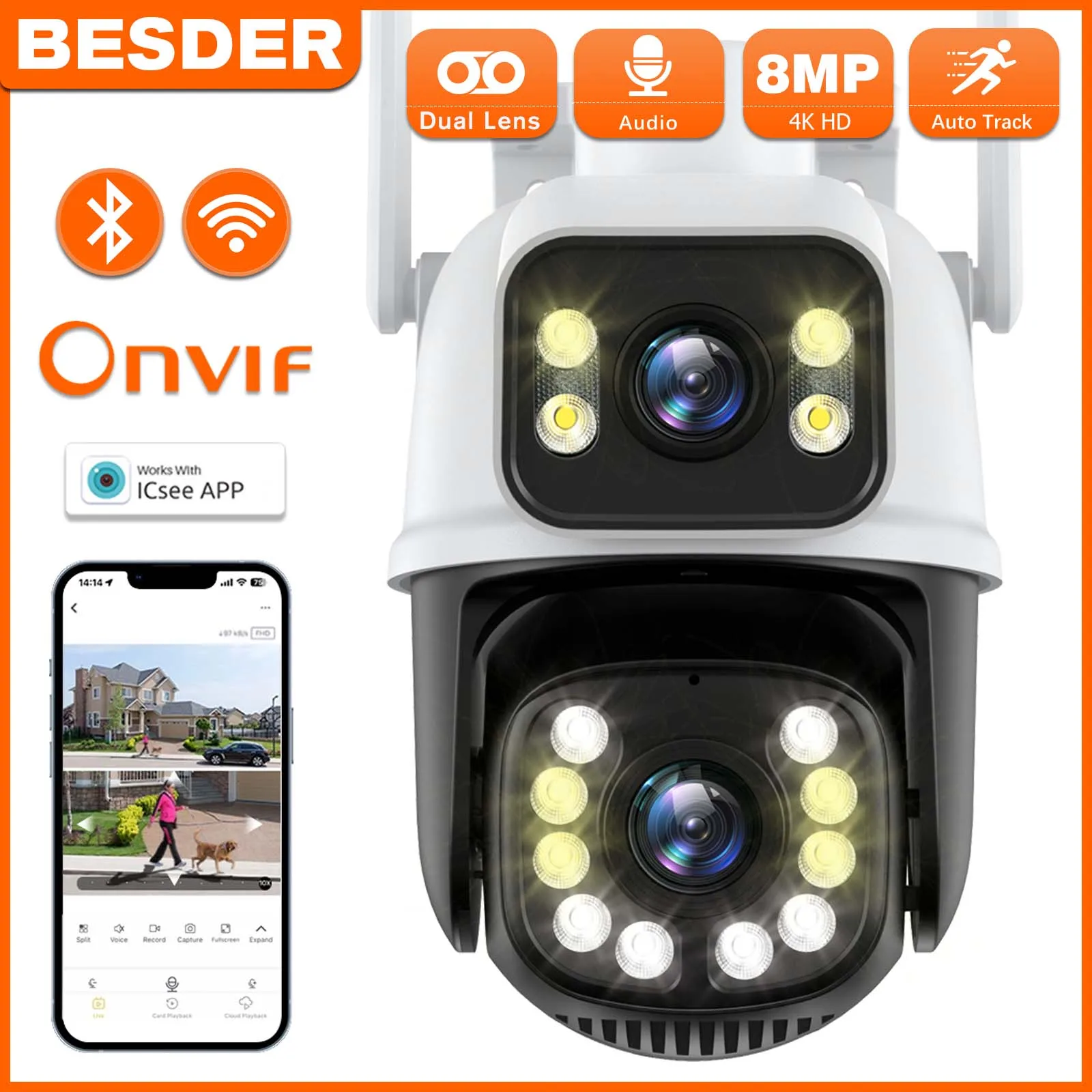 

8MP PTZ Wifi Camera Dual Lens 3.6mm lens IP Camera Human Detect Wireless Outdoor Surveillance CCTV 4K Camera iCSee App