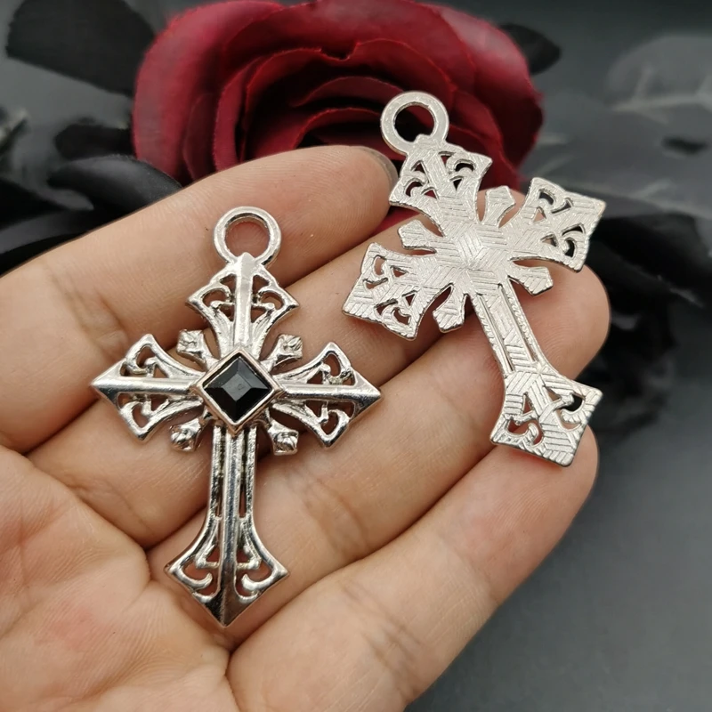 2Pcs Alloy Cross Black Crystal Charms Gothic Geometry Pendant Fit Necklace Earrings DIY Jewelry Designer Making Accessories