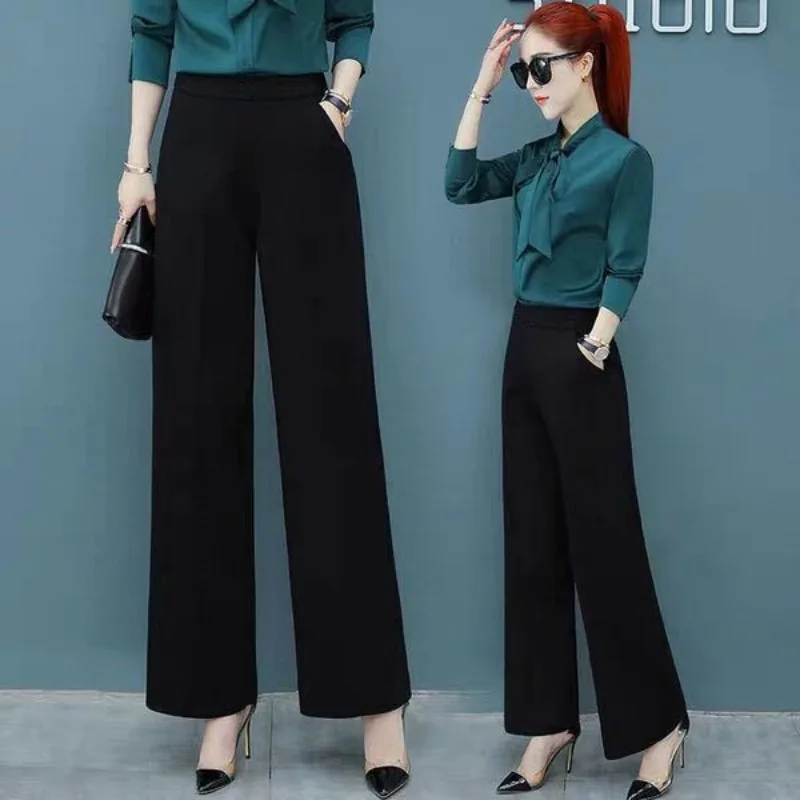 Women Spring Autumn Simplicity Office Lady High Waist Solid Color Appear Thin Wide Leg Ladies Fashion All-match Trend Straight