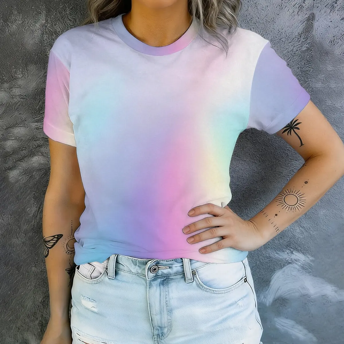 Gradient short-sleeved T-shirt with rainbow color blocking, round neck, short style, perfect for summer street style.