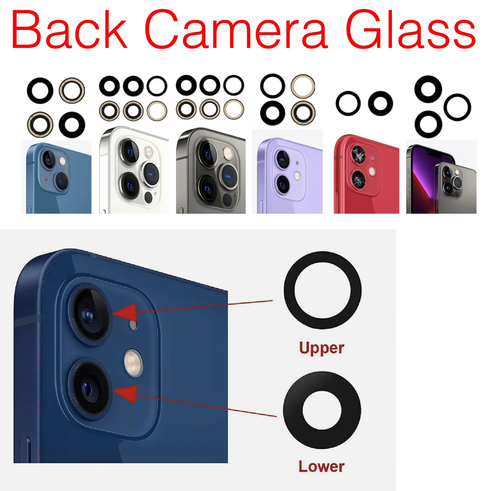 Rear Back Camera Glass Lens Replacement for iPhone 12 13 Mini 14 15 Plus Pro Max With Adhesive Tape