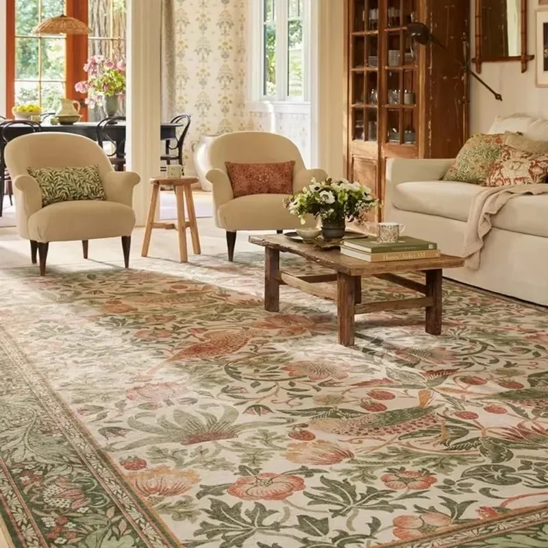 Floral Vintage Rug Distress Print Washable Non-Slip Carpet for Living Room Bedroom Dining Room European Retro Light Luxury Green