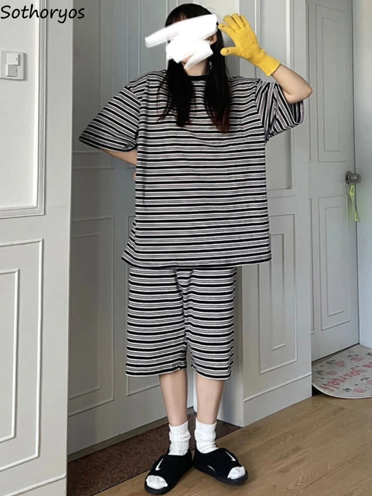 Pajama Sets Women Classic Loose Design Minimalist Striped Lounge Wear Korean Style Retro Unisex Summer Breathable Popular Home