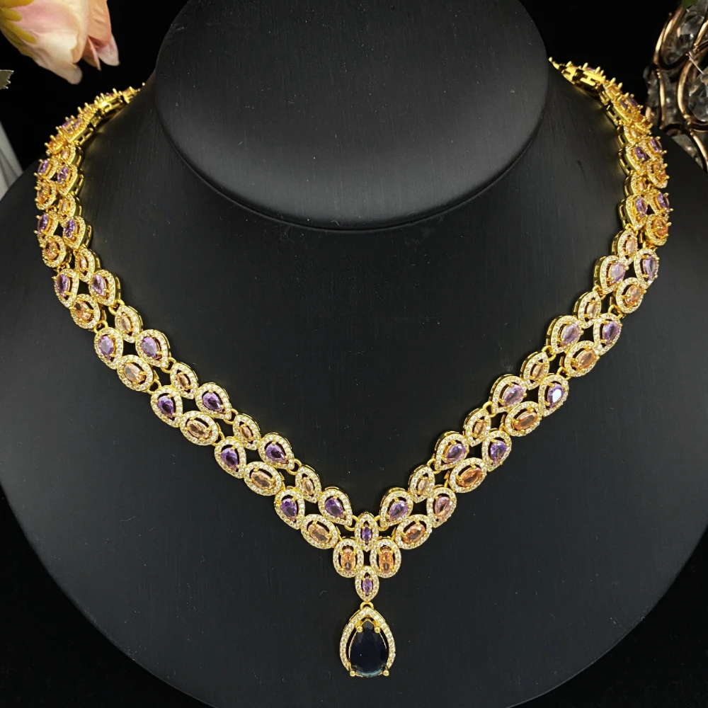 

Ювелирный набор JRH для женщин: позолоченное медное украшение с кубическим цирконием, сверкающий кулон, традиционный праздничный браслет, кольцо, ожерелье, серьги