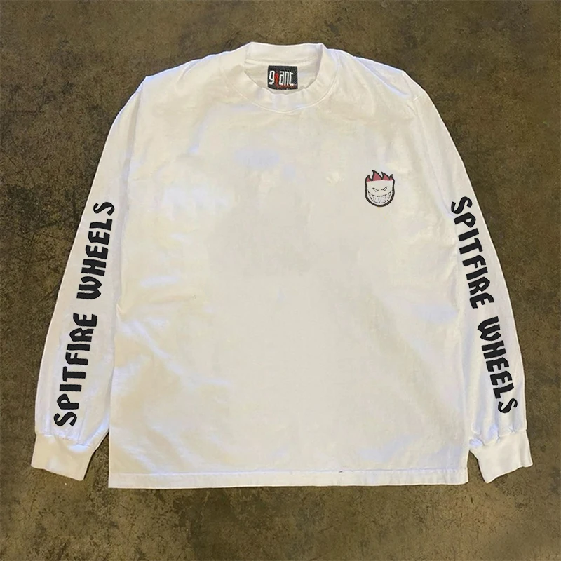 Pure Cotton Long Sleeve T-Shirt 300g Heavyweight Unisex Versatile Fashion Brand High Street Smile Fire Baby Design