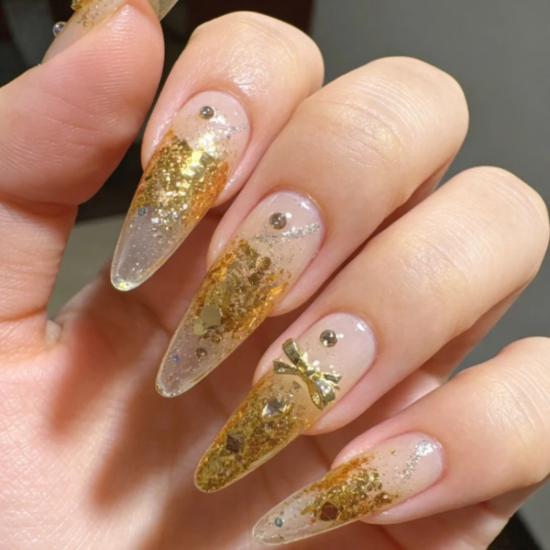 10pcs Super Long Stiletto Press-On Nails Full Flash Gold Foil Fragments Luxury Handmade Fake Nails Light Weight False Nail Tips