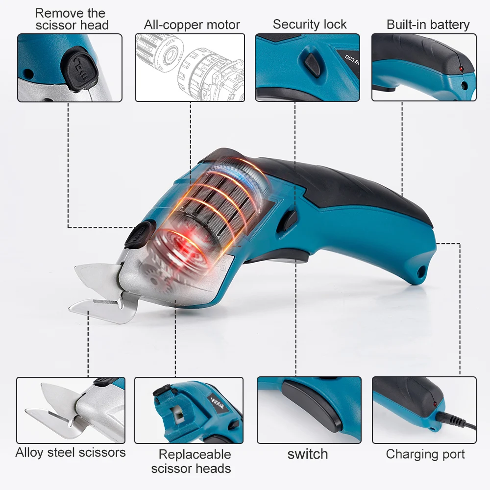 Tesoura elétrica sem fio, 2 lâminas, recarregável, portátil, tesoura de costura, cortador, tecido, pano, tapete, PVC, ferramentas de corte de couro,