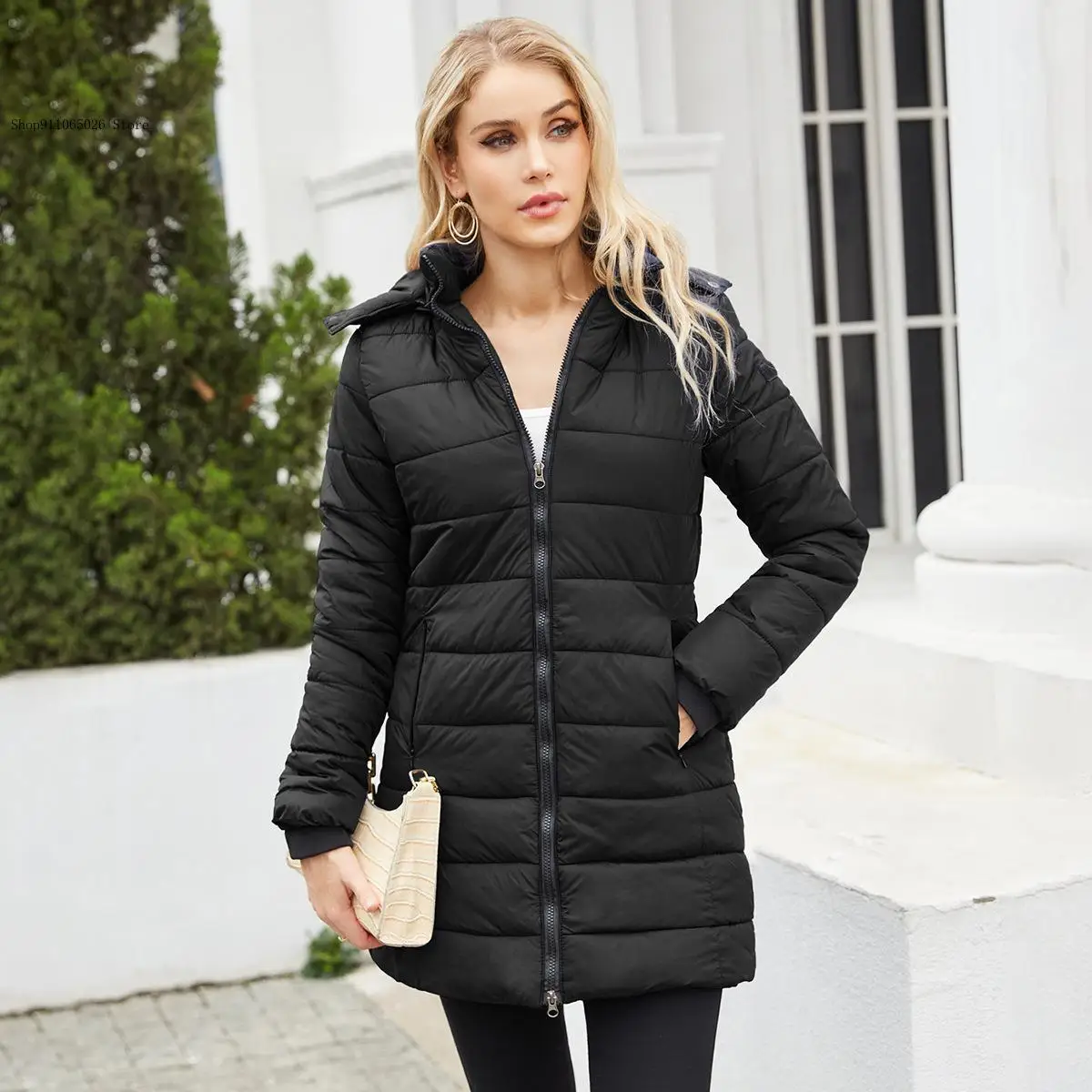 Spring Autumn and Winter Pure Color Warm Waterproof Detachable Hat Long Sleeved Cotton Jacket Coat for Women