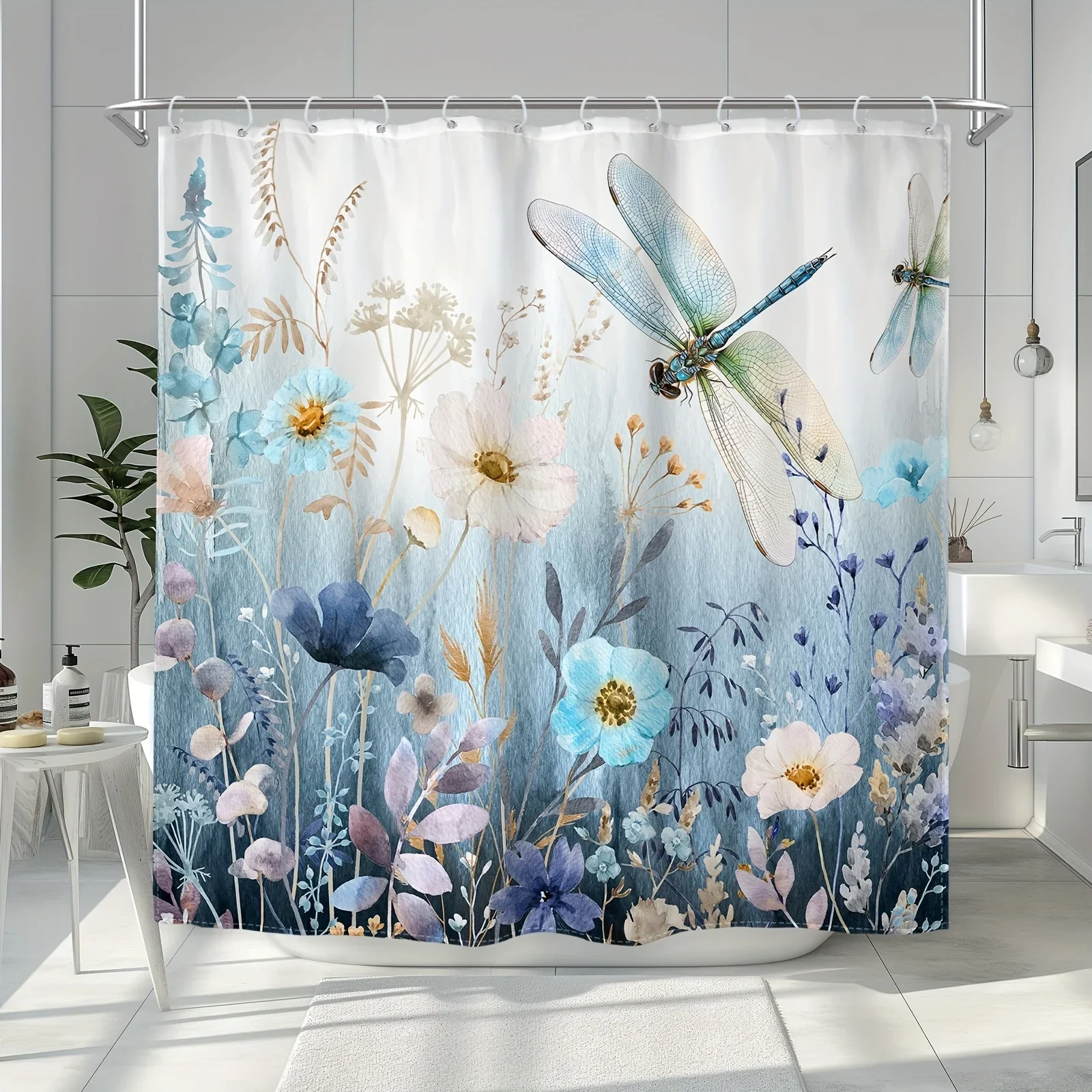 ~O~1pc Watercolor Blue Dragonfly Shower Curtain - Wildflowers & Grass, Polyester, 71x71