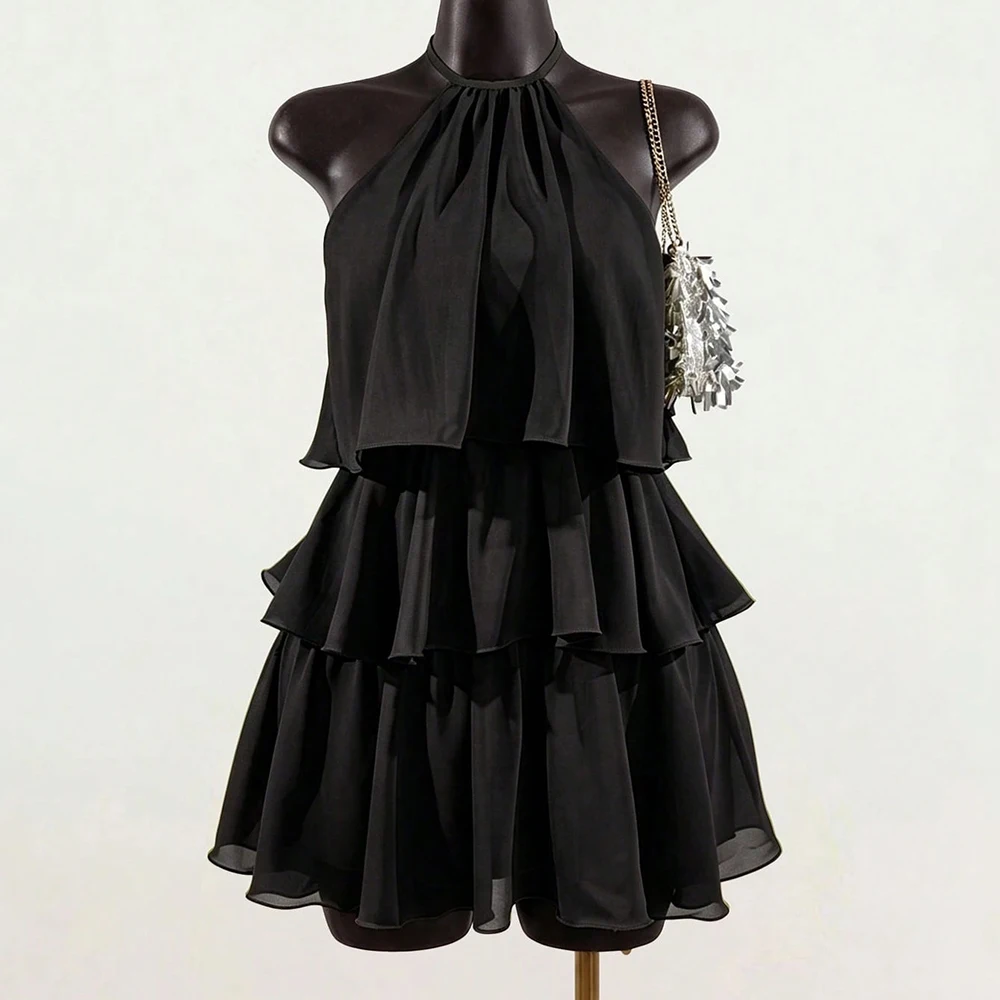 Women Chiffon Halter Tiered Cake Mini Dress, Off Shoulder Ruffle Loose Summer Sundress