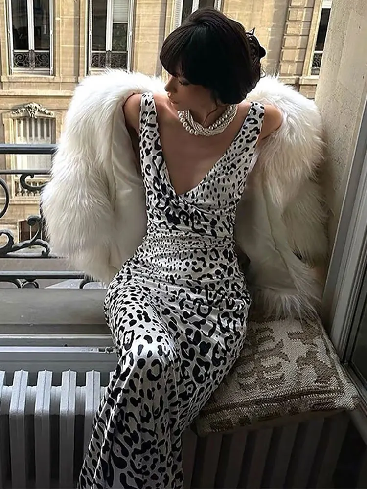 GACVGA 2024 Spring Elegant Deep V Neck Backless Slim Long Dress Women Sexy Leopard Print Slip Party Club Evening Maxi Dress