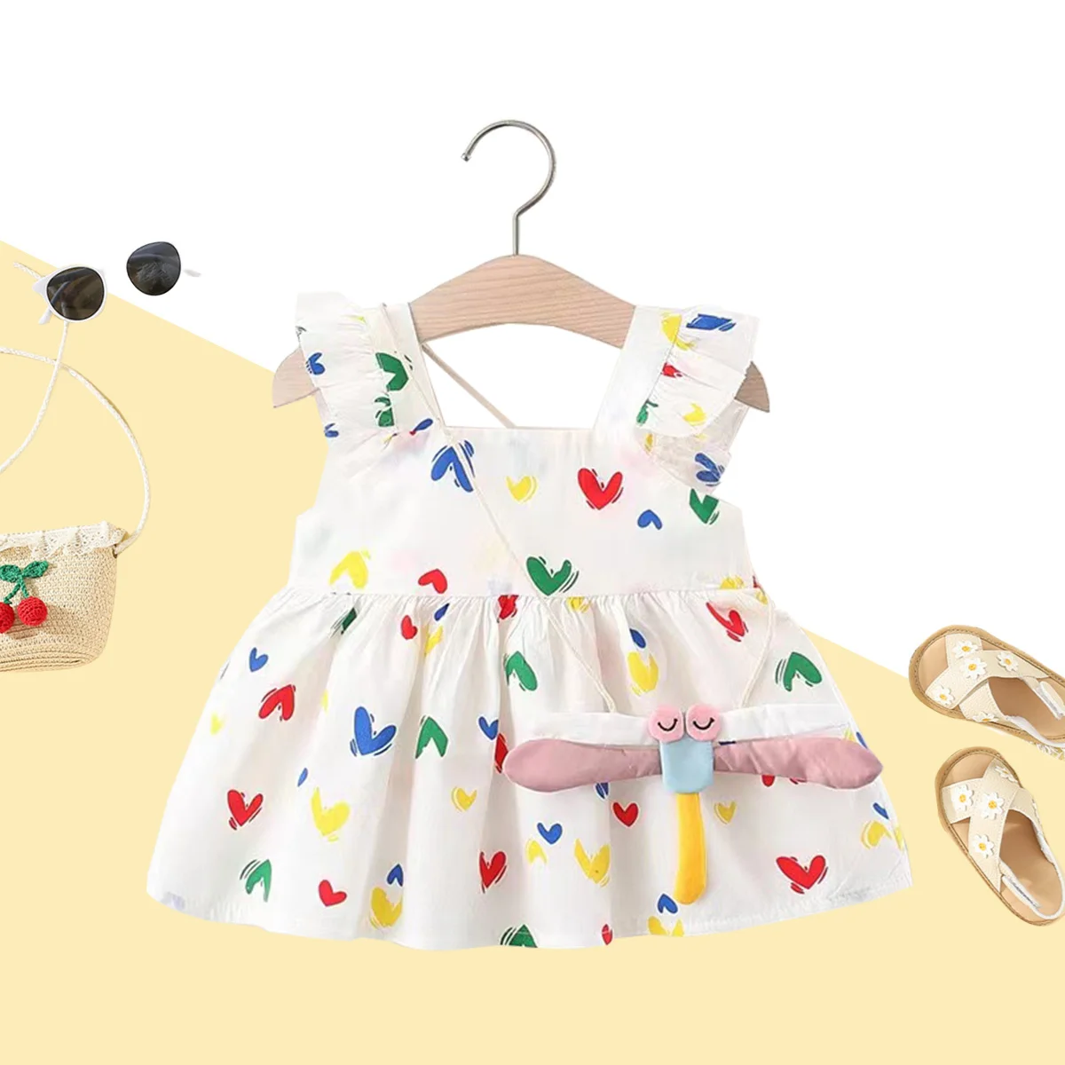 Summer girls strap dress bag two-piece set baby girl full of love printed small flying sleeves strap dress