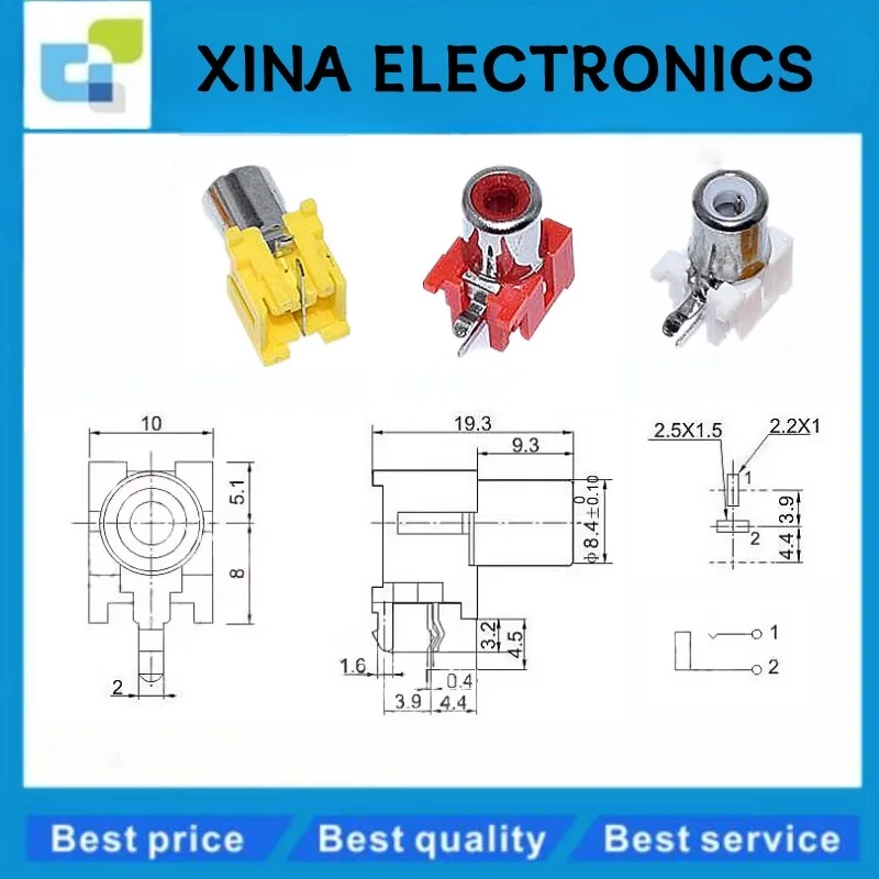 10PCS/LOT AV-8.4-5 2x Holes 2Pins RCA Sockets 90Degree Audio Video Connecctors Jacks yellow white red 3PIN