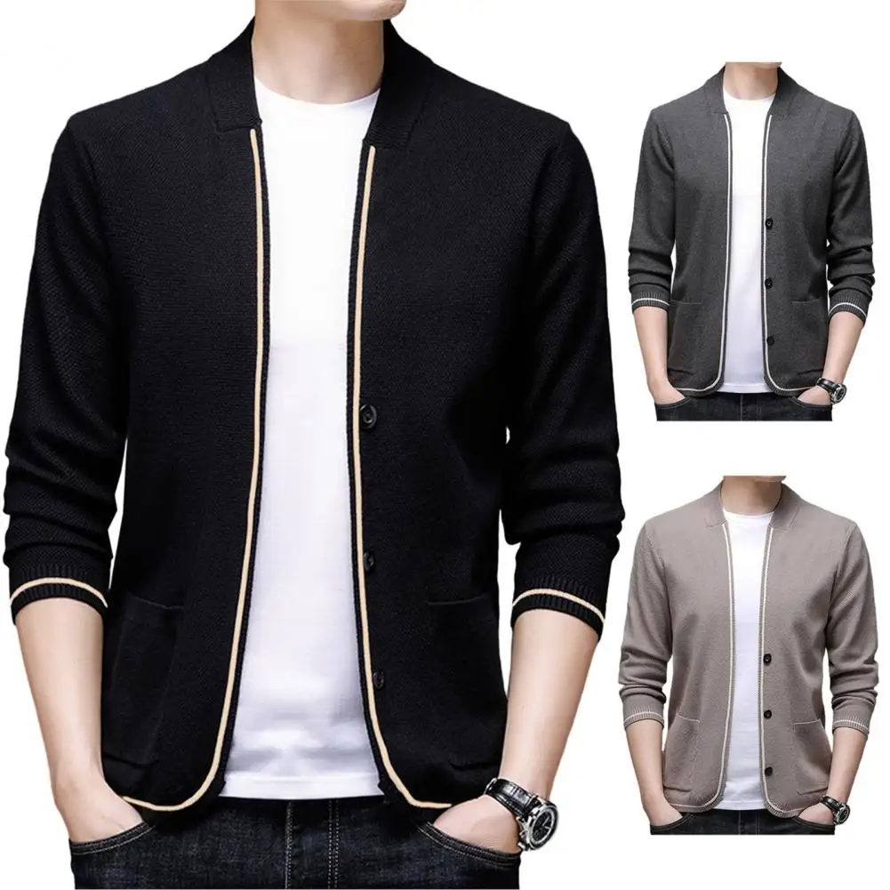 

Single-breasted Cardigan Stylish Men's Knitted Cardigan Sweater Single-breasted Solid Color Long Sleeve Buttons Pockets for Fall