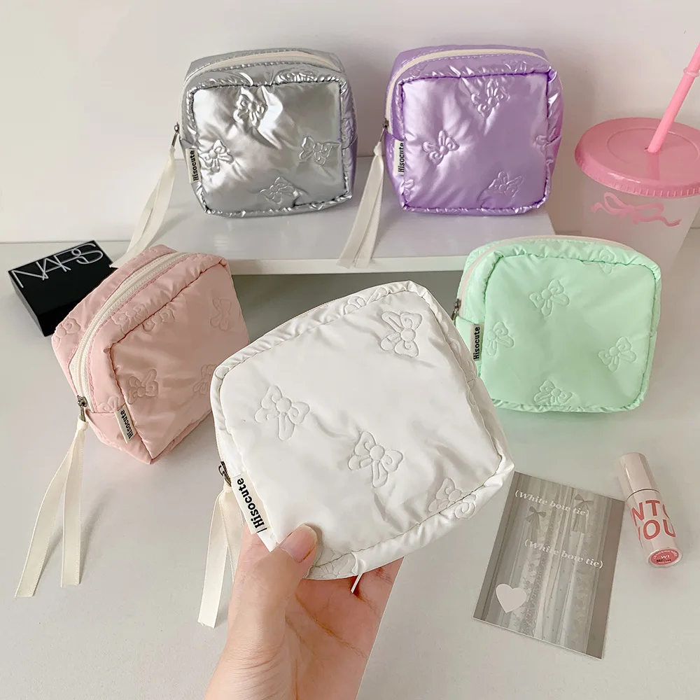 Simple Bow Square Bag Portable Pouch Sanitary Pad Earphone Organizer Travel Makeup Storage Case