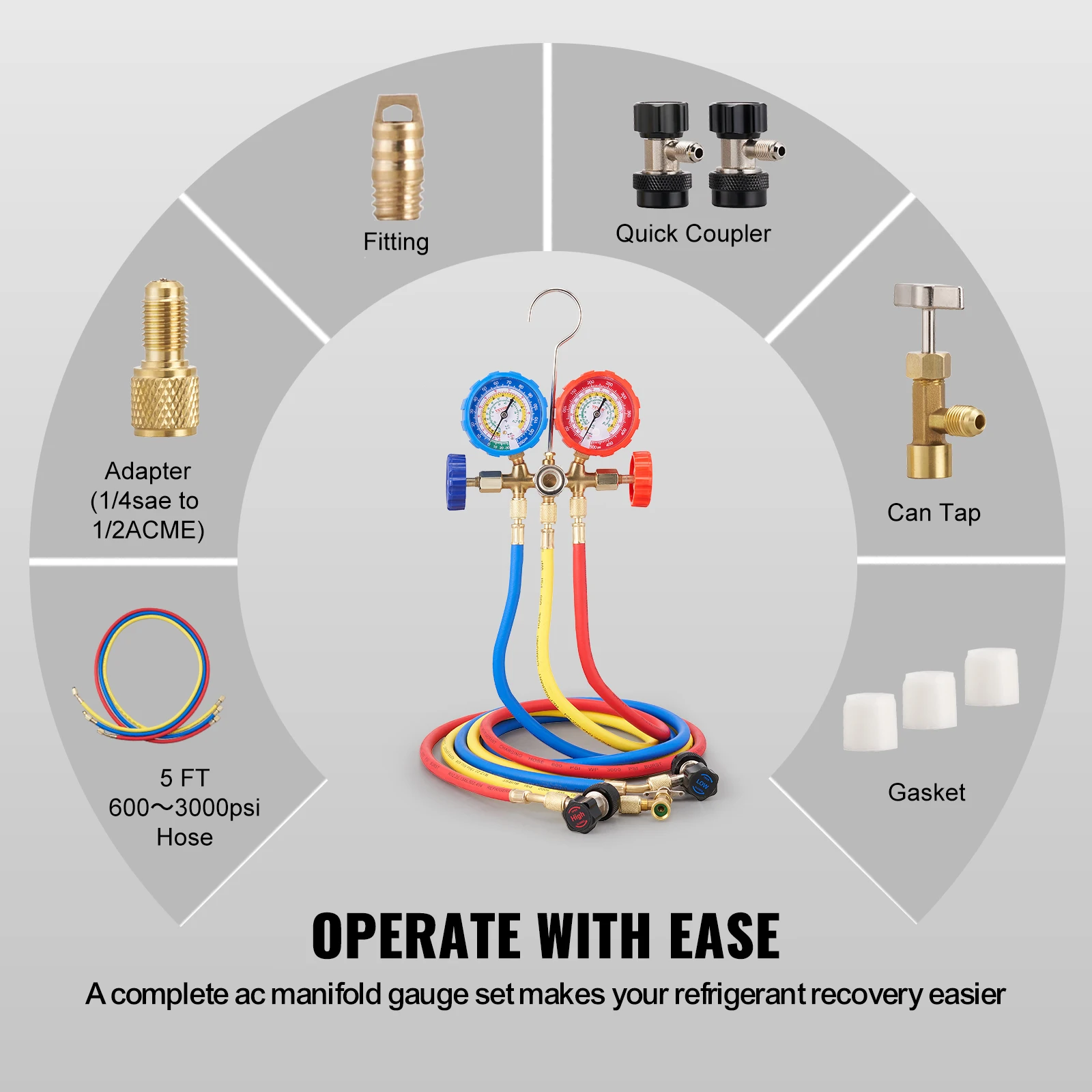 VEVOR-AC Manifold Gauge Set, 3 Way, R134A, R22, R12, R502, obras de refrigerante no carro Freon carregamento e evacuação