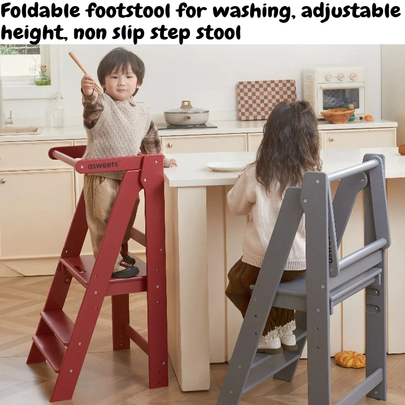 

Step Stool Kitchen Helper Tower Foldable Learning Tower With Safety Rail Wooden Adjustable Height Standing Tower For Kitchen