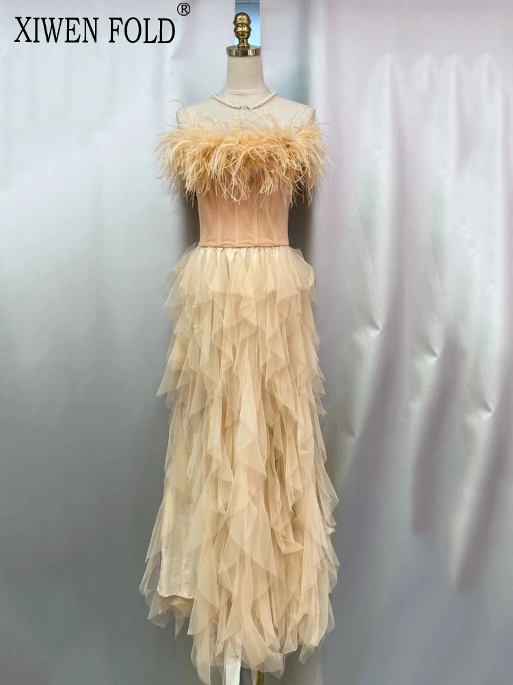 

XIWEN Solid Mesh Feather Splice Women's Long Dress Strapless High Waist Sleeveless Elegant Dress Female Autumn 202 New XF3240