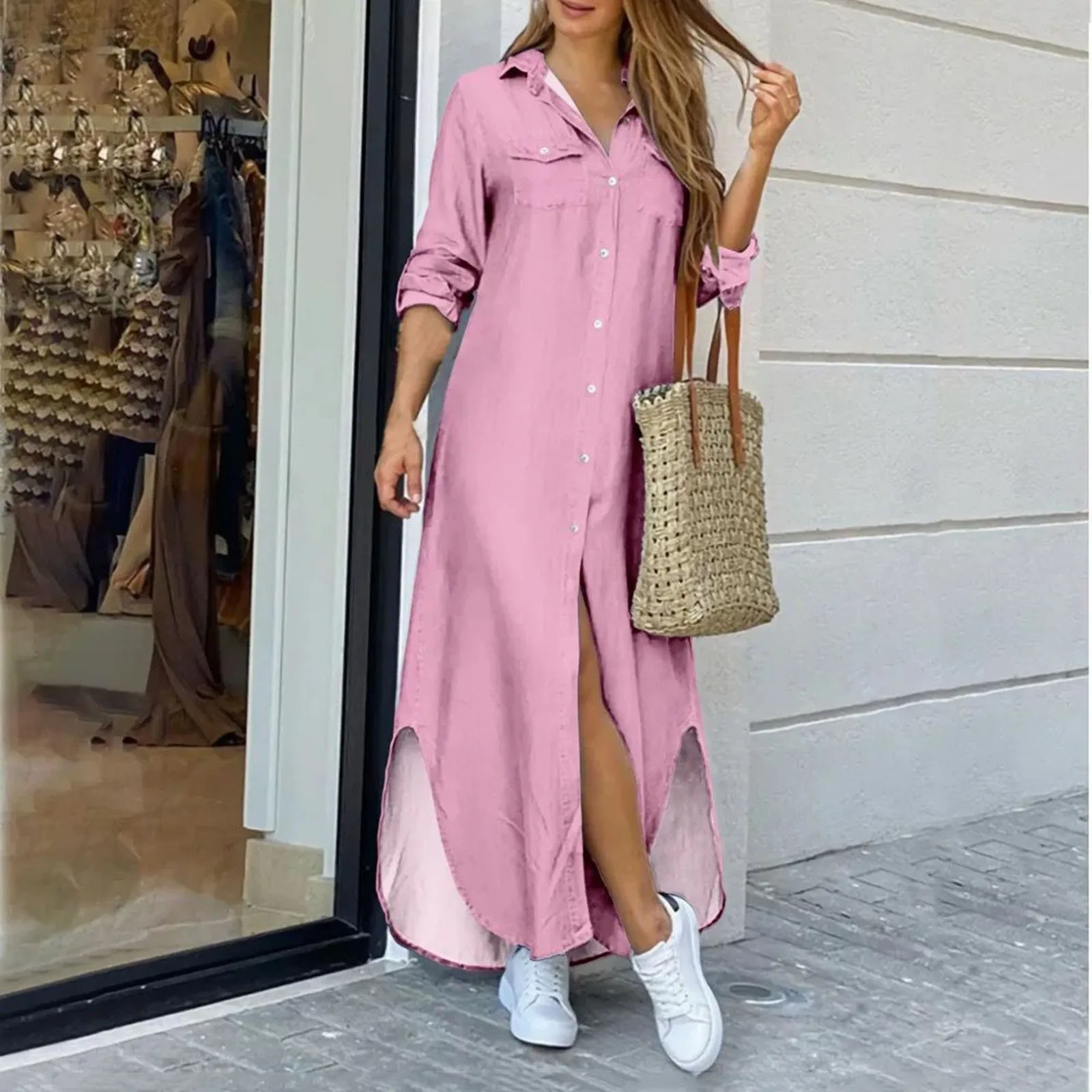 Summer Fahsion Long Dress Long Sleeve Sexy Slit Shirt Dress Women\'s  Long Dress Pocket Button Solid Color Casual Loose Dress