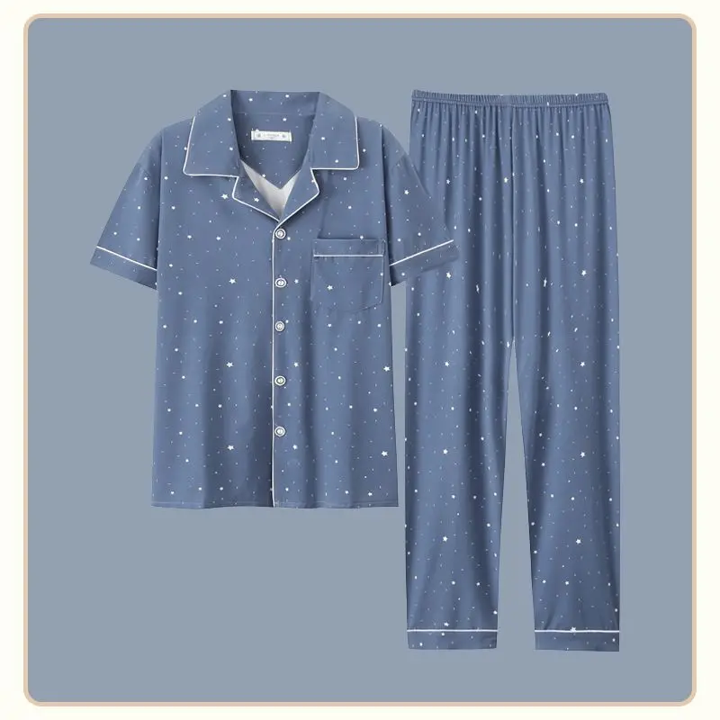 

Men's Casual Pajamas Set 2023 Summer Thin Short Sleeved Top Pants Pijamas Two-piece Korean Elegant Home Clothing Nightie Set