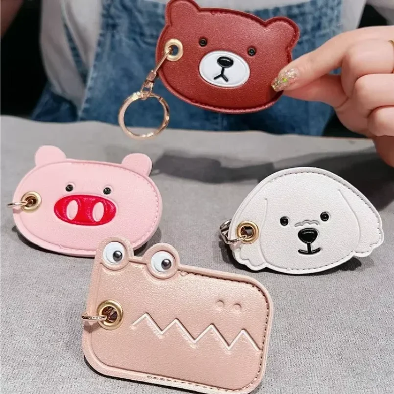 Kawaii Leather Cartoon Keychain Fruit animal Badge Card Holders Protective Sleeve Access car Keyring decor Bag Pendant Keyring